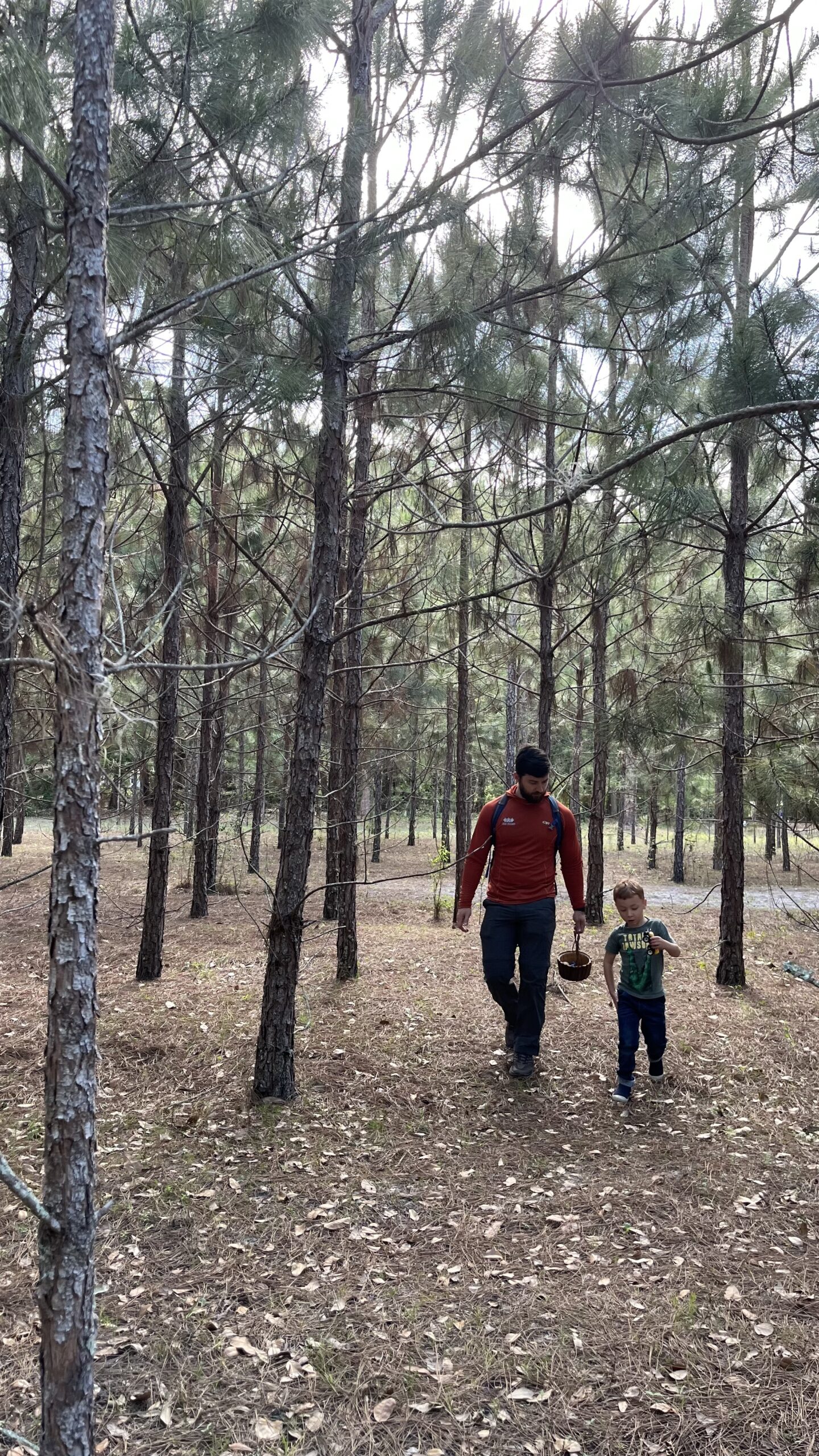OT student walking with child in pine trees