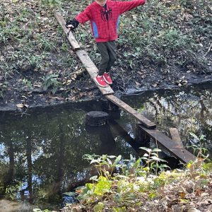 child crossing wooden planks over shallow creek