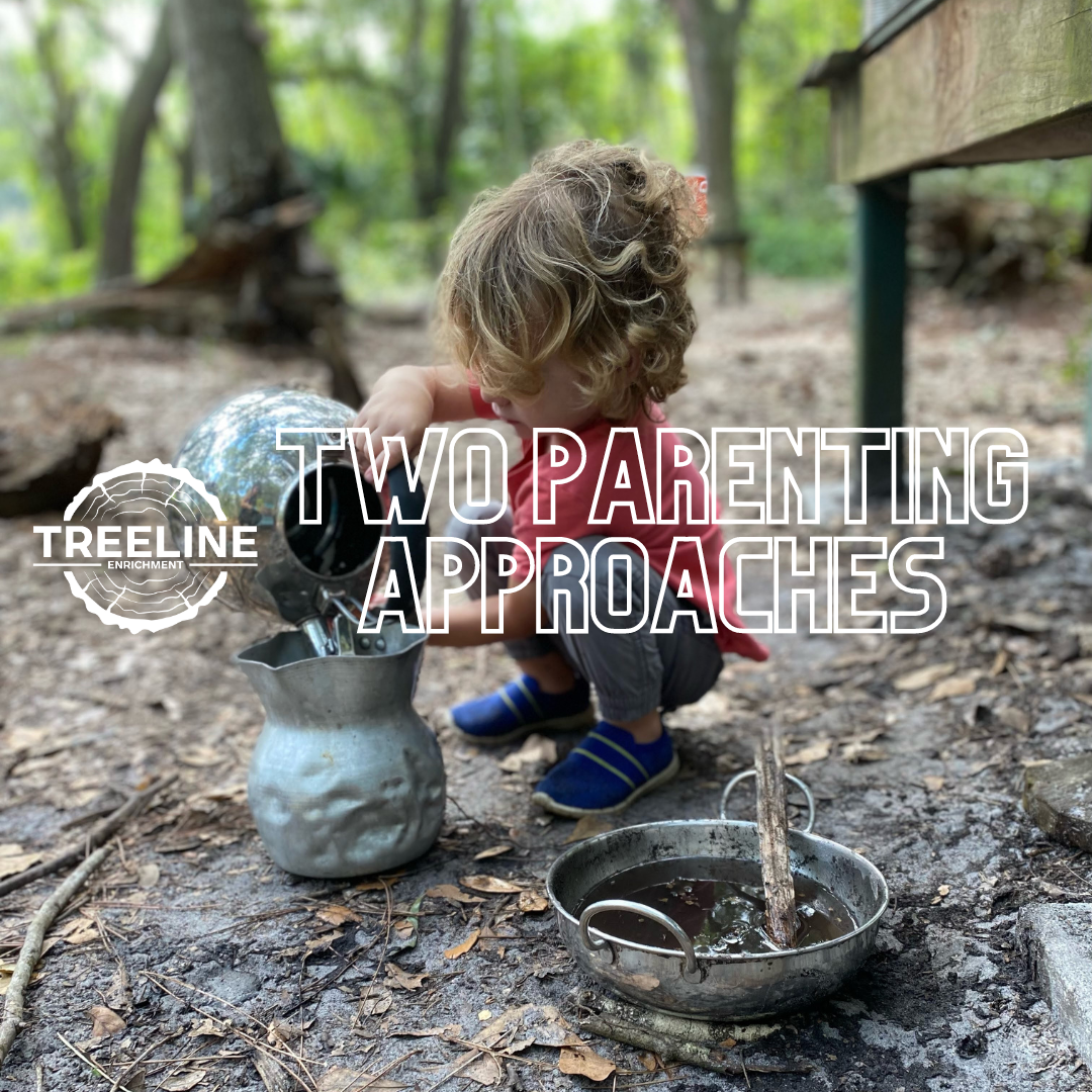 young child playing in the mud kitchen with Treeline logo and text overlayed on top